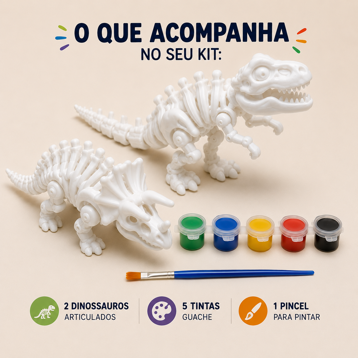 Kit Dinossauro Articulado para Pintar – Reutilizável | 2 Dinossauros + 5 Tintas Guache + Pincel