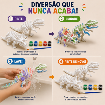 Kit Dinossauro Articulado para Pintar – Reutilizável | 2 Dinossauros + 5 Tintas Guache + Pincel