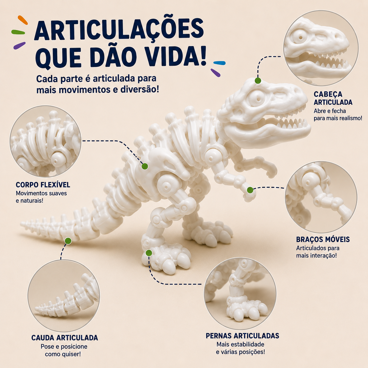 Kit Dinossauro Articulado para Pintar – Reutilizável | 2 Dinossauros + 5 Tintas Guache + Pincel