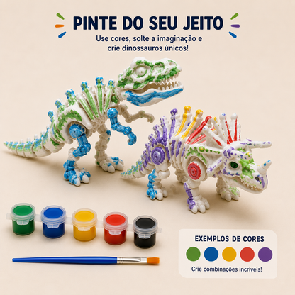 Kit Dinossauro Articulado para Pintar – Reutilizável | 2 Dinossauros + 5 Tintas Guache + Pincel