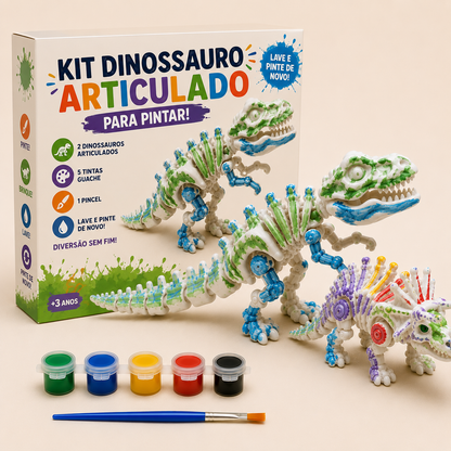 Kit Dinossauro Articulado para Pintar – Reutilizável | 2 Dinossauros + 5 Tintas Guache + Pincel
