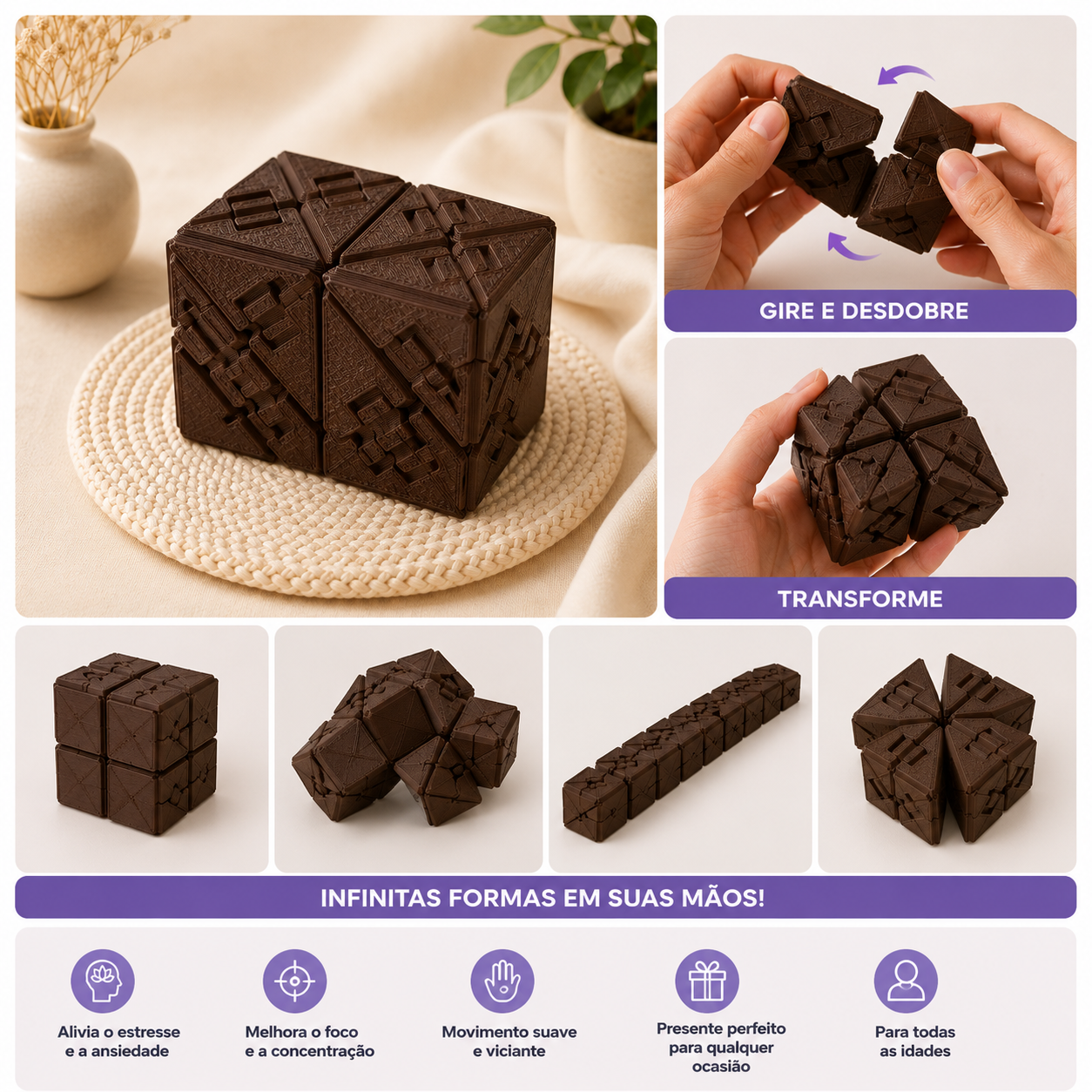 Cubo Maluco Fidget Antiestresse | Quebra-Cabeça Sensorial Transformável 3D