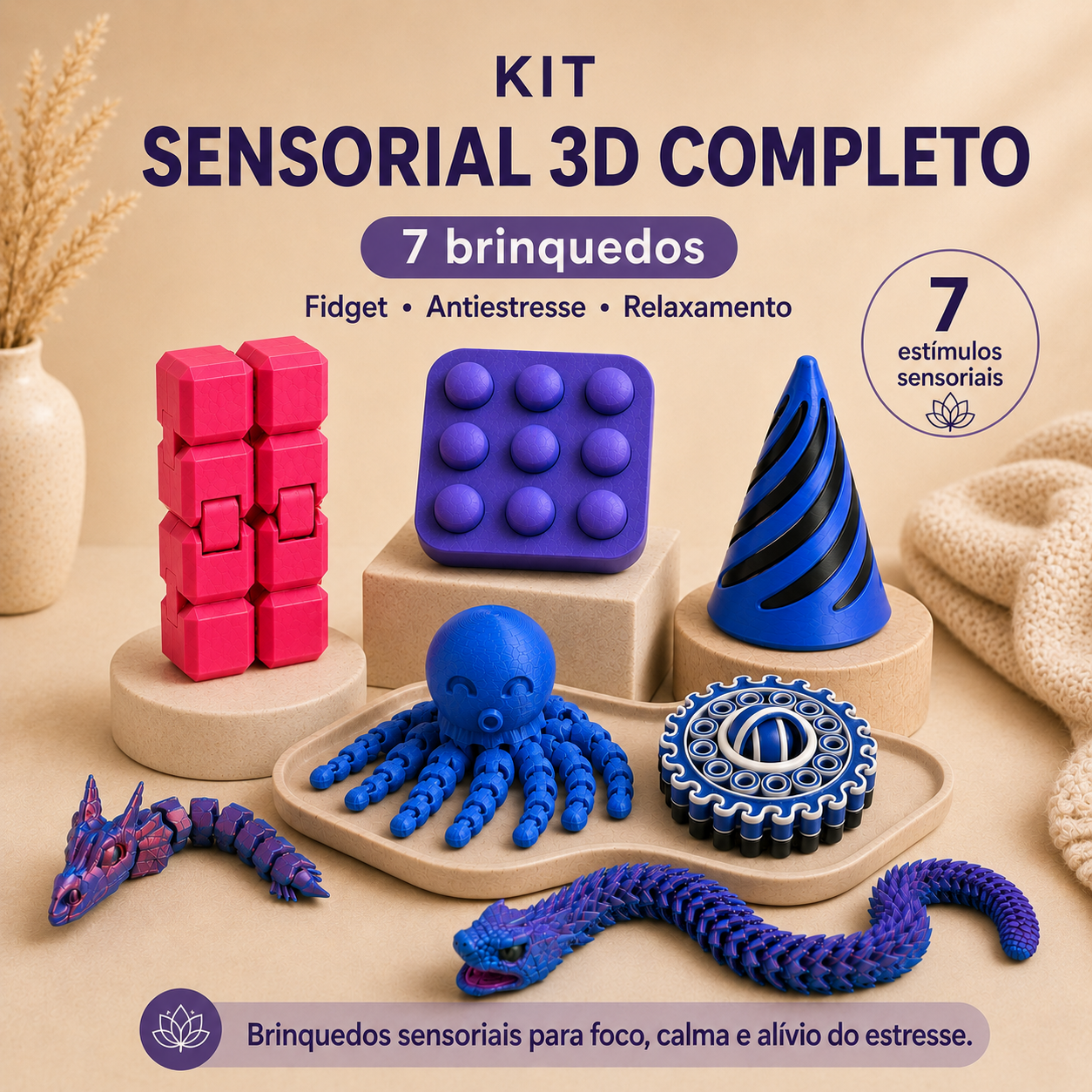 Kit Sensorial 3D Completo – 7 Brinquedos Fidget Antiestresse