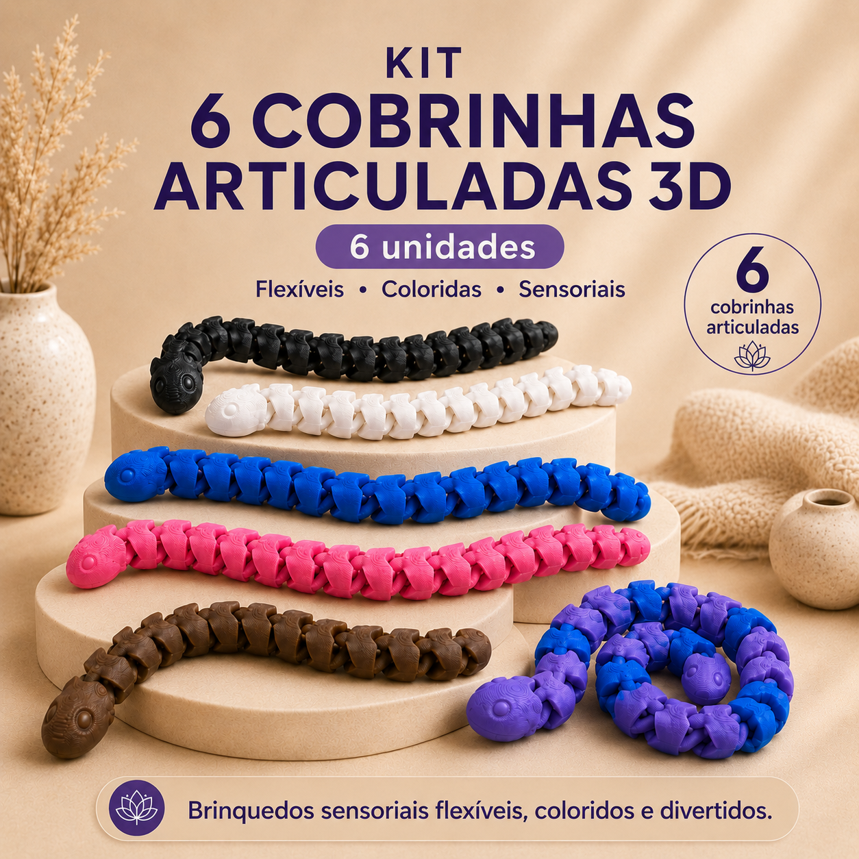 Kit 6 Cobrinhas Articuladas 3D – Brinquedos Sensoriais Flexíveis Coloridos