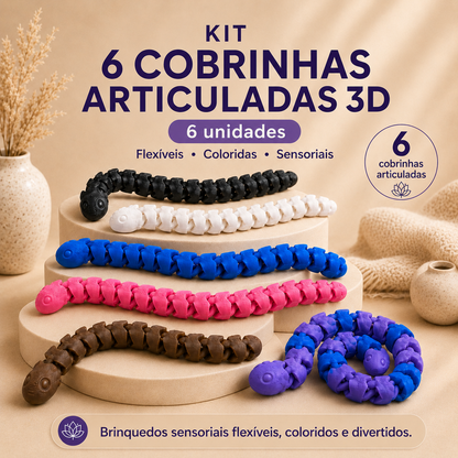 Kit 6 Cobrinhas Articuladas 3D – Brinquedos Sensoriais Flexíveis Coloridos